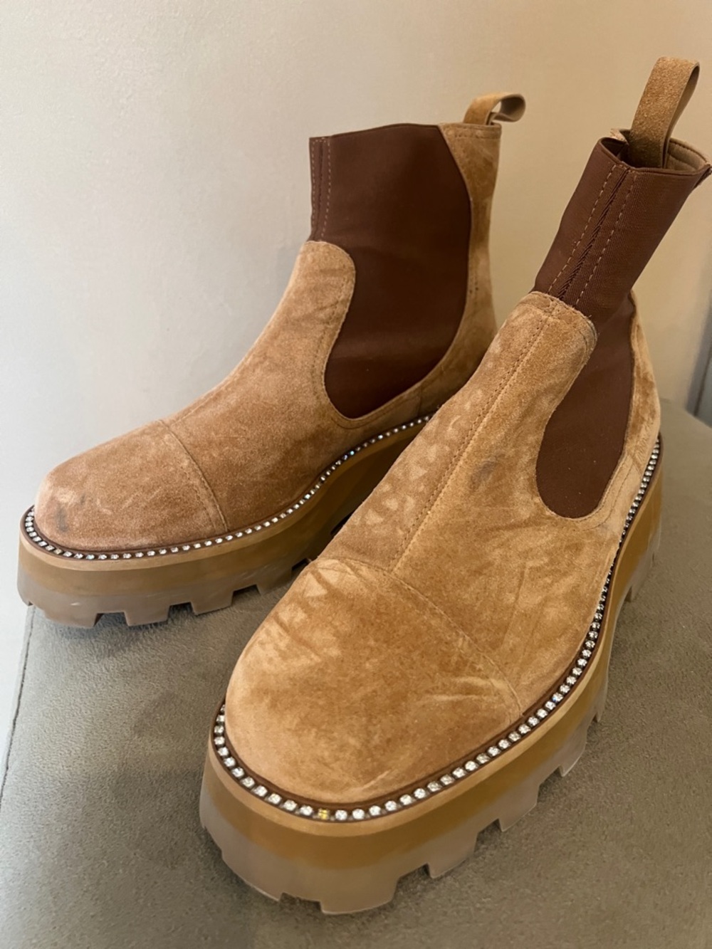 Jimmy Choo Tan Suede Platform Chelsea Booties with Rhinestone Trim